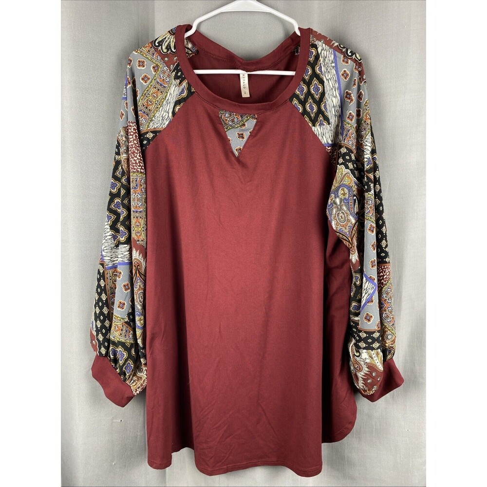 Emerald Women's Plus Sz 3X Maroon With Long Floral Sleeves Round Neck Top
